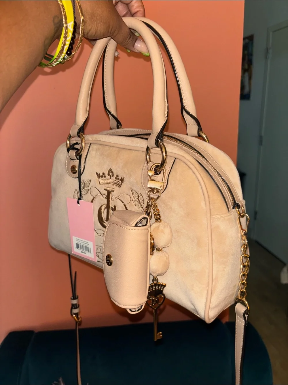 Juicy Couture Blush Beige Suede Satchel with Embossed Logo